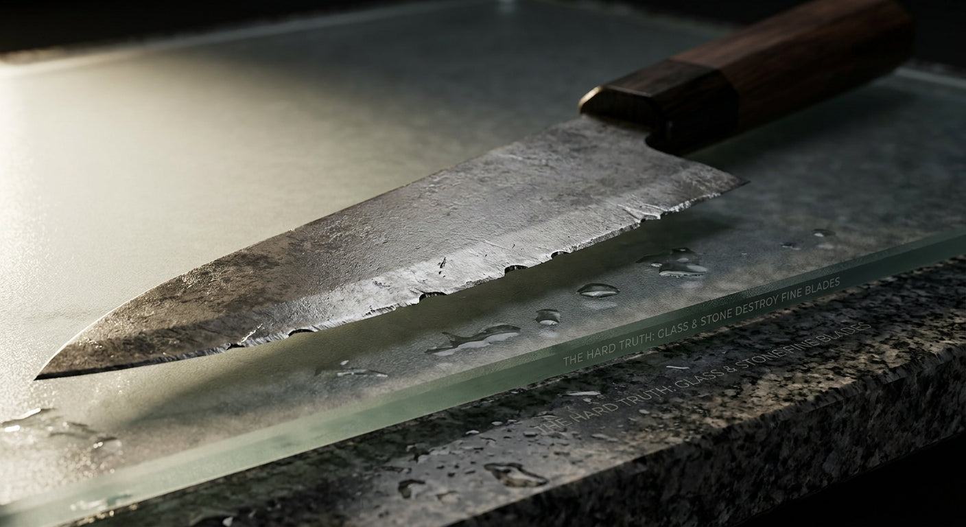 Couteau émoussé sur planche en verre
